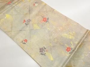 引箔格子に草花模様織出し名古屋帯